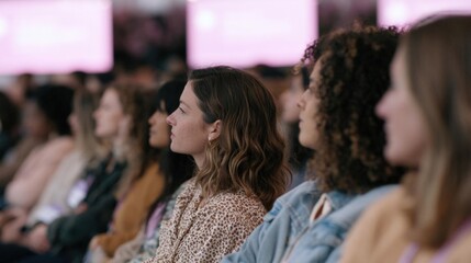 Fototapeta premium Group of people sitting in a lecture hall, attentively listening to a presentation. the focus of the image is on a young woman with shoulder-length brown hair, who appears to be in deep thought.