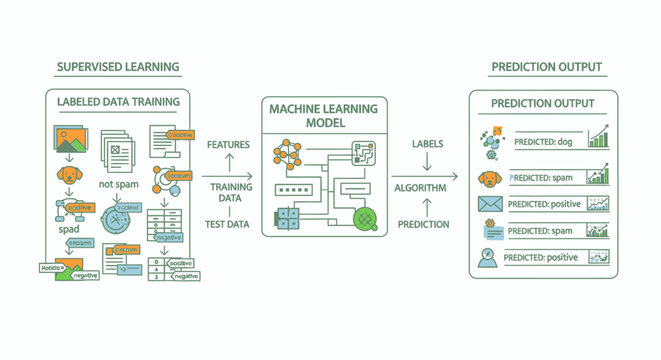 Supervised machine learning process flowchart showing labeled data and predictions