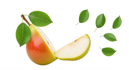 Obraz premium A sliced ripe pear with a red and yellow gradient skin, green leaves, and floating foliage isolated against a solid black background