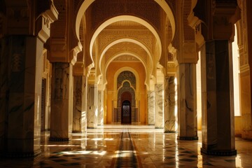 Obraz premium Ornate islamic hallway with arches, pillars, and sunlight creating patterned reflections on marble floor