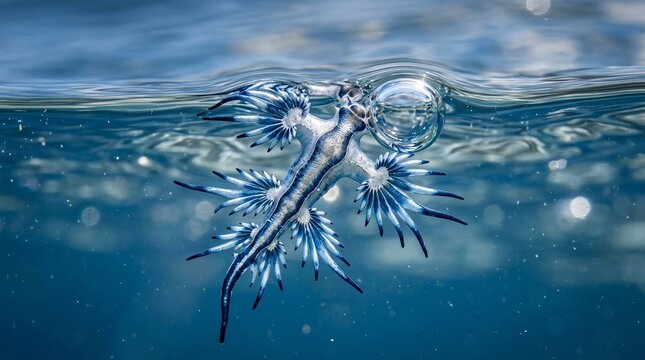 A beautiful blue dragon sea slug floating on the ocean surface.