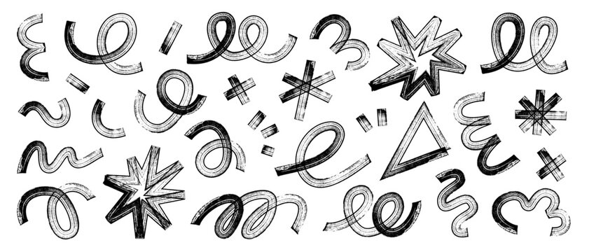Black hand drawn marker shapes set with X-ray effect. Bold abstract doodles, thick brush strokes, swirls and geometric elements in expressive marker style for posters, banners and graphic compositions