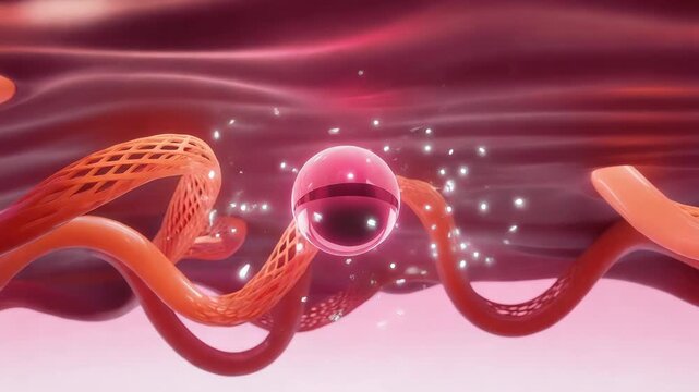 Medical illustration of a stent implant inside a human blood vessel with a red blood cell floating in the bloodstream