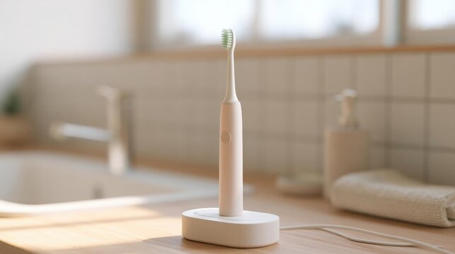 White electric toothbrush on a wooden countertop in a bathroom. the toothbrush has a white base and a green bristled head.