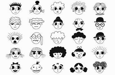 Fototapeta premium A clean 5×5 grid of 25 minimalist black-and-white cartoon faces, each with large round eyes and a unique hairstyle, accessory, or expression (glasses, hats, earrings, buns, spiky hair).
