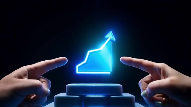 Business hands pointing at a glowing blue digital growth chart icon rising above a stack of dark square blocks