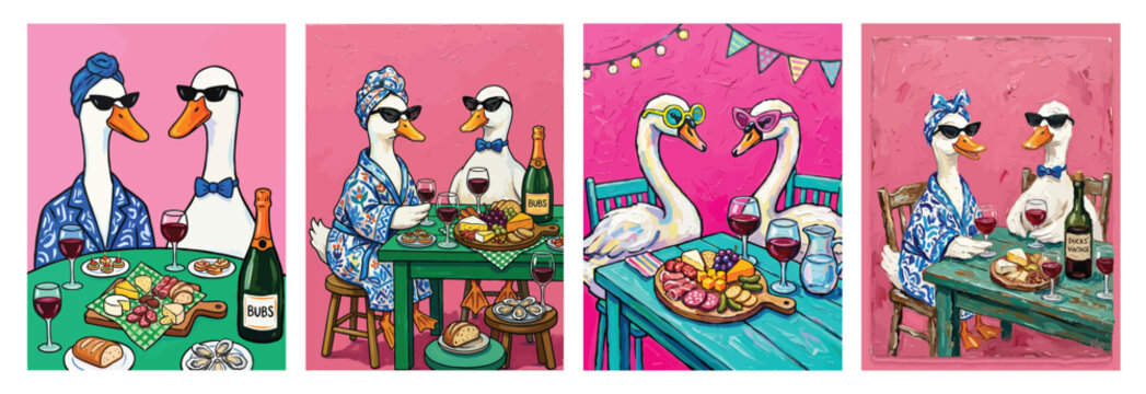 A couple of stylish ducks enjoying a cheese board and wine together&nbsp;ducks sitting at a table with wine and food on a pink background.