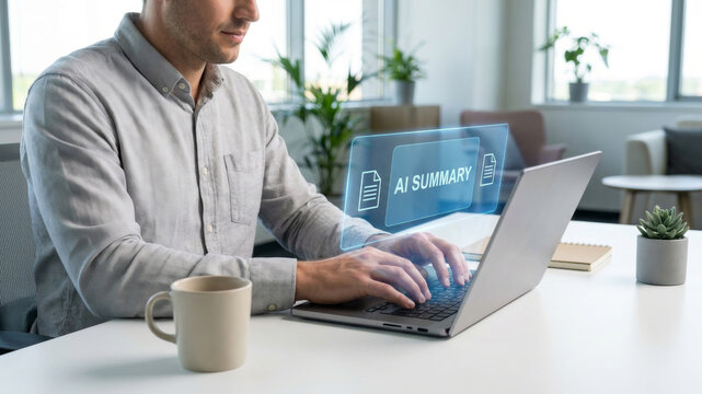 Ai summary laptop office worker cup document modern workspace desk. Summary AI, intelligence report management, document information innovation system analysis, automation, data, summarize