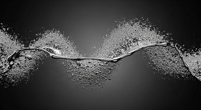 A flowing metallic wave of chrome liquid with shimmering particles, creating a sleek and modern abstract design.