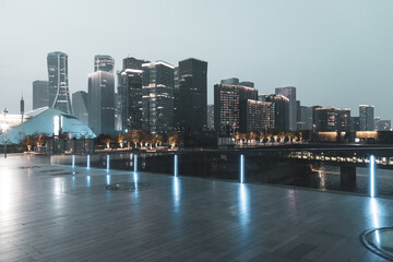 Naklejka premium Night view of modern urban architecture and squares in Hangzhou