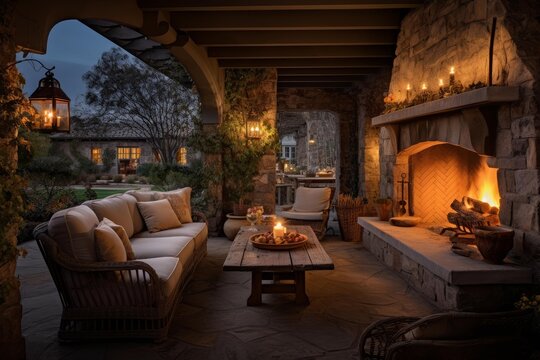 Stone patio featuring outdoor fireplace providing warm ambient lighting in an inviting setting