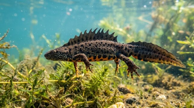 A newt swimming in a clear, shallow water body with aquatic plants and rocks.
