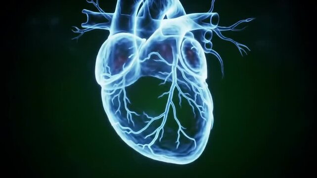 Cinematic 3D Model Of Human Heart With Glowing Veins Set Against Dark Green Background For Medical And Educational Uses