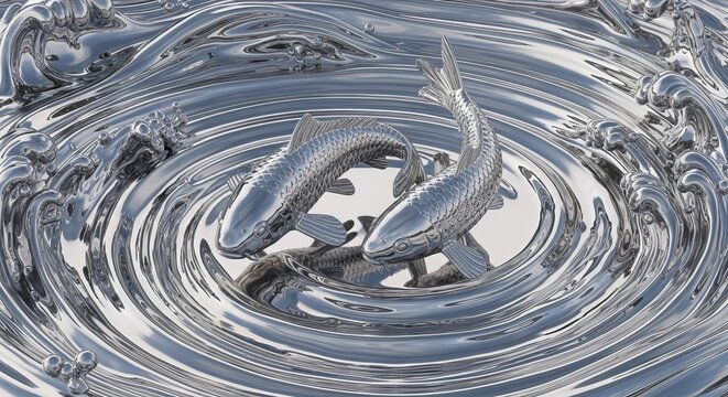 Two Sleek Chrome Metallic Wave Koi Fish Swimming in Rippling Liquid Silver