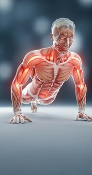 Anatomical illustration of a person performing push ups displaying muscle structure