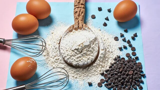 Baking ingredients: eggs, flour, chocolate chips and whisks on a pastel background