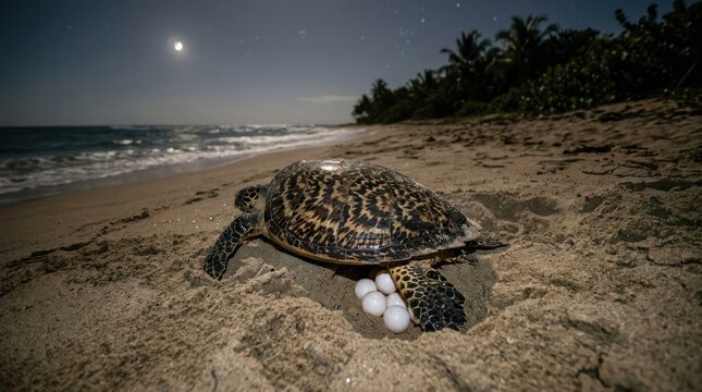 A green sea turtle laying eggs on a sandy beach at night.