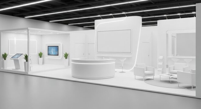 Modern white exhibition stand design with various interactive displays and seating areas, ready for a trade show or corporate event.