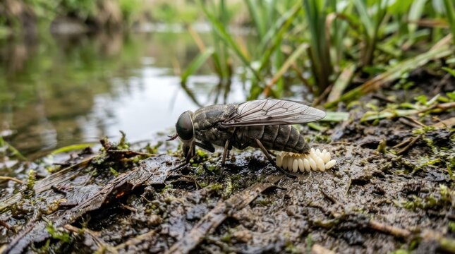 A horsefly on a pond with aquatic plants.