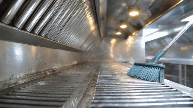 Stainless steel commercial kitchen hood interior with grease-laden filter and broom indicating professional hood cleaning service.