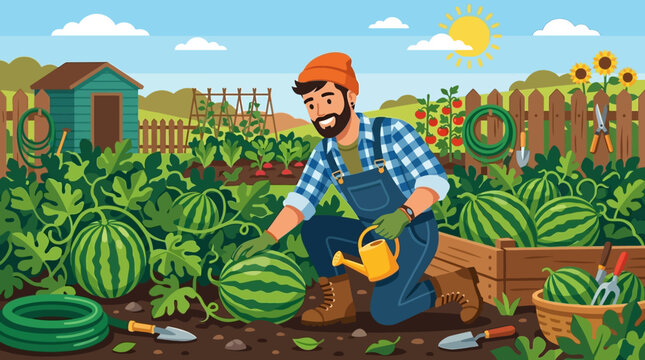 A happy smiling farmer wearing a plaid shirt and overalls tends to his vibrant watermelon patch in the summer sun