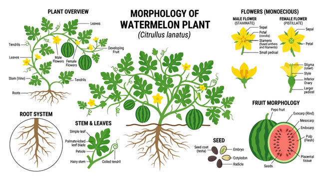 Educational diagram showing the detailed biological morphology of a watermelon plant including roots, vines, leaves, flowers, seeds, and fruit anatomy