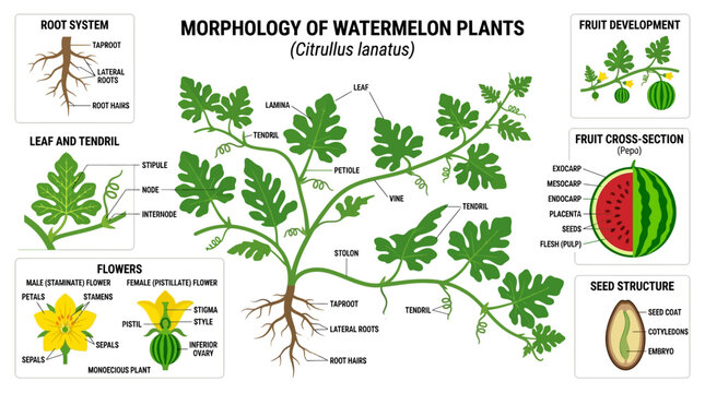 Detailed botanical diagram showing the complex morphology of watermelon plants including roots leaves flowers and internal fruit seed structure anatomy