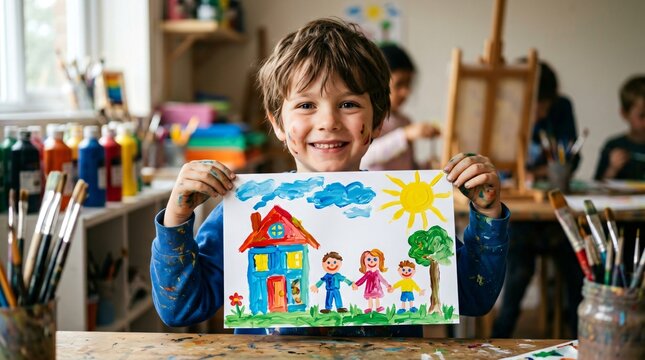 Happy kid showing his family drawing in art class. Elementary school boy holding painting of house with parents. Creative education and childhood hobby development in classroom.