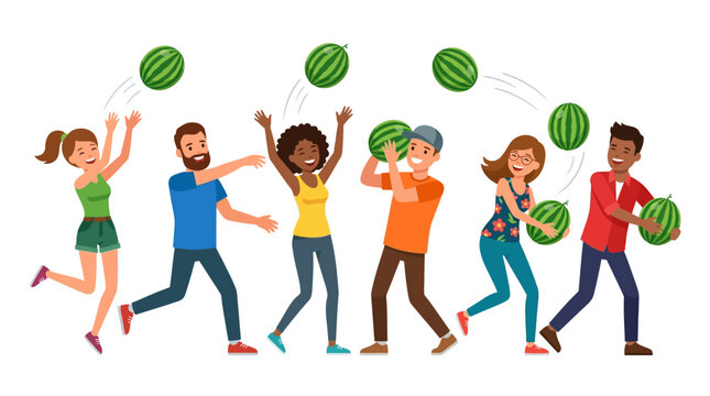 Cheerful young diverse people having fun while playing and tossing fresh green watermelons in this colorful vibrant artistic illustration shot