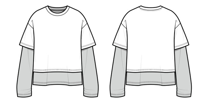 Over-sized Double Layered Long Sleeve T-shirt Fashion Flat Sketch Technical Drawing Vector Illustration Front and Back View