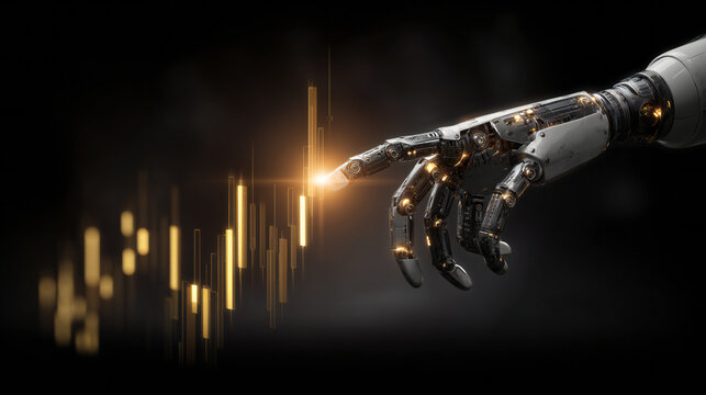 Robotic hand pointing at glowing digital analytics bars representing artificial intelligence, business intelligence, automation, data analysis, machine learning, and futuristic financial technology. 