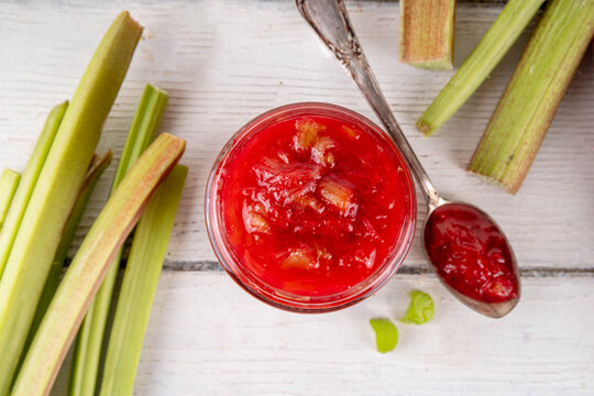 Pink and green rhubarb sweet jam