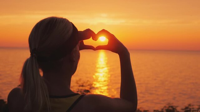 Woman making heart shape with hands over beautiful golden sunset at sea horizon, capturing sunrays with scenic ocean backdrop.
