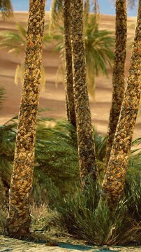 Palm trees rise above the ground in a dry desert area. Sunlight filters through the leaves. Grasses and small plants grow at the base of the trunks.