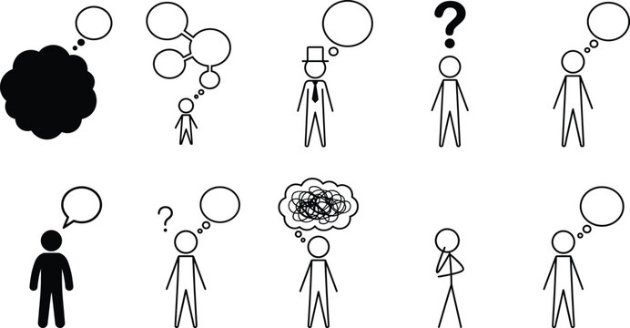 Set of stylized stick figure silhouettes with thought and speech bubbles showing communication and thinking concepts for design