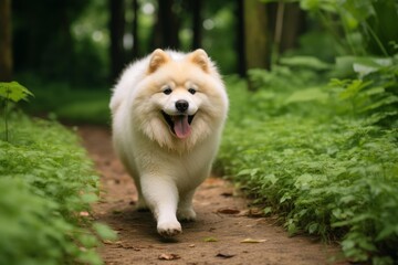 Fototapeta premium Fluffy white dog enjoying an outdoor walk on a sunny day in nature