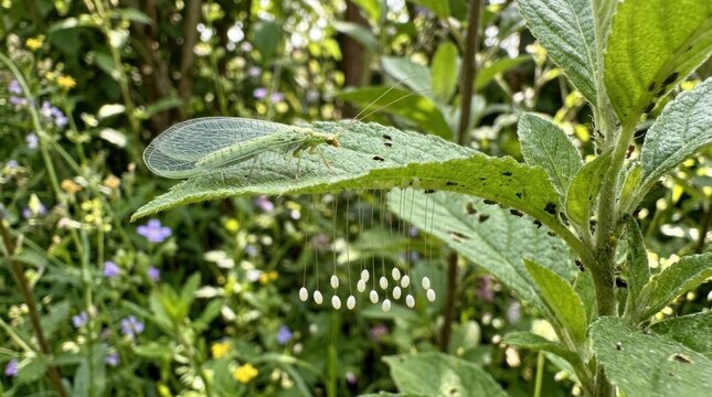 A green lacewing insect on a leaf with a blurred background of greenery and flowers.