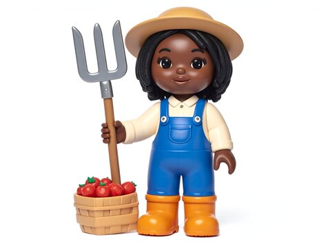 A cute stylized Black girl farmer character figurine holding a pitchfork beside fresh red apple basket on white