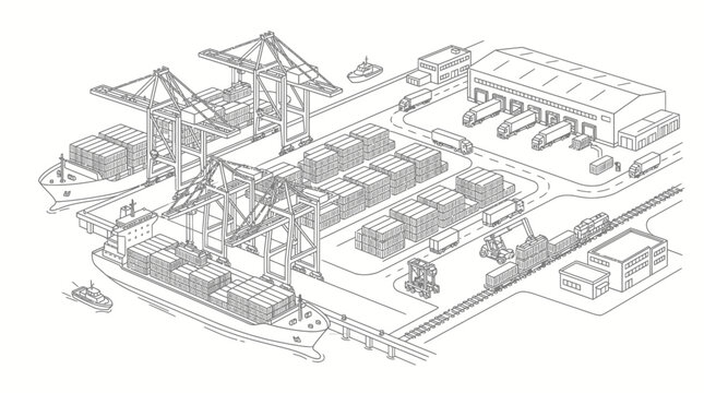 Detailed isometric line drawing of a bustling intermodal shipping port with container ships, cranes, trucks, warehouse, and train.