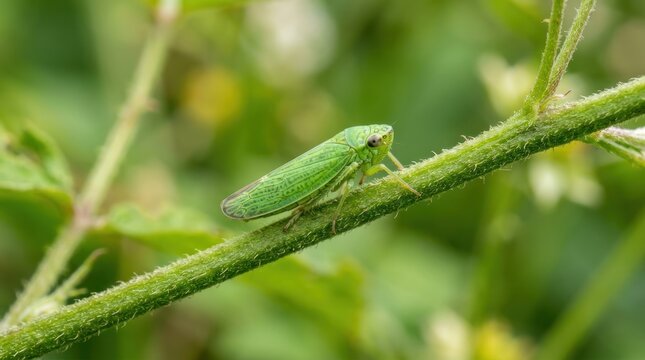 A green leafhopper on a green plant stem with a blurred green background.