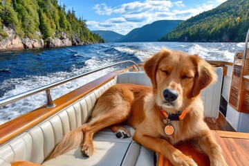 Fototapeta premium Golden retriever relaxing on a boat cruising a mountain lake on a sunny summer day