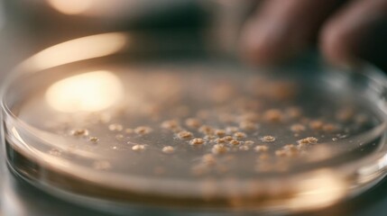 Obraz premium Close-up of a petri dish with small, round, golden-brown particles scattered across its surface. the particles appear to be small and round, and they are arranged in a circular pattern.