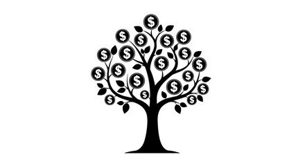 Fototapeta premium Money tree silhouette with dollar signs on a white background