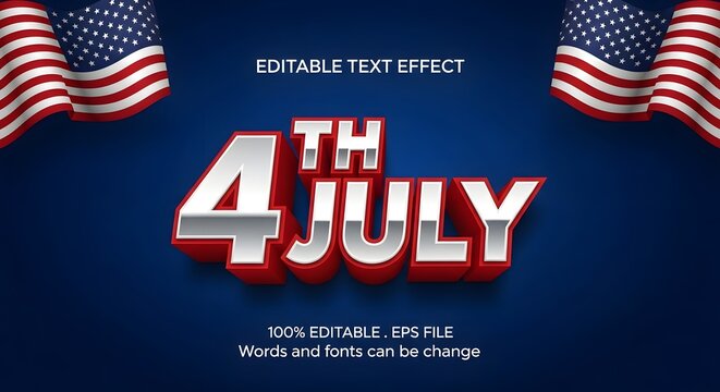 4th of july 3d editable text effect with silver letters and red depth on blue background with american flags