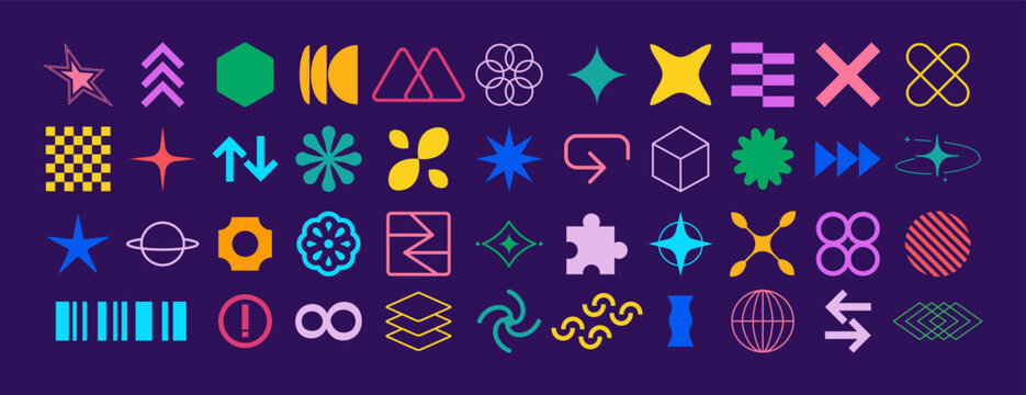 Y2k Figure Sticker, Abstract Badge Vector Kit. Vibrant shape Bundle Y2K star, triangle, square and abstract form vector Retro graphic perfect for trendy sticker, poster and creative decoration templat