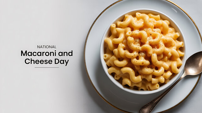 A bowl of macaroni and cheese served on a plate with a spoon, celebrating National Macaroni and Cheese Day