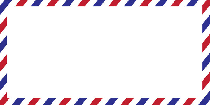 Airmail Envelope frame images with strips. International vintage letter border. Retro air mail postcard with blue and red stripes. Empty classic postal frame.