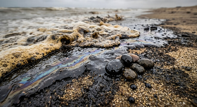 Crude Oil Spill and Toxic Waste Washing Up on a Polluted Sandy Beach - Environmental Disaster
