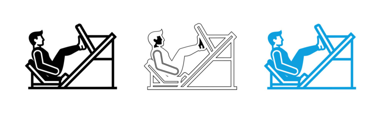 Gym equipment icon set hack squat machine in black outline and blue variations for fitness applications