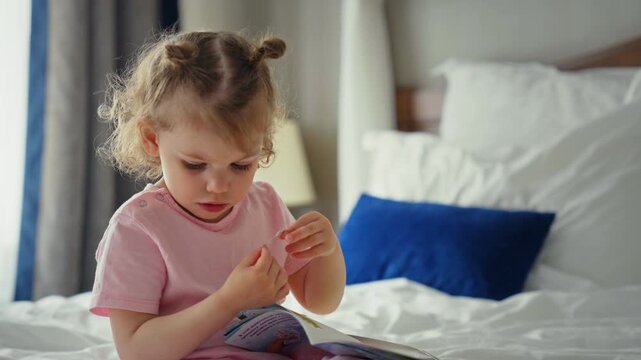 Sweet little girl with a cute hairstyle sitting on a comfortable bed in the morning, meticulously peeling and applying stickers into her activity book, developing fine motor skills